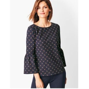 Talbots Navy Bell Sleeve Polished Jersey Top w/ Red Window Pane Gold Ring Print